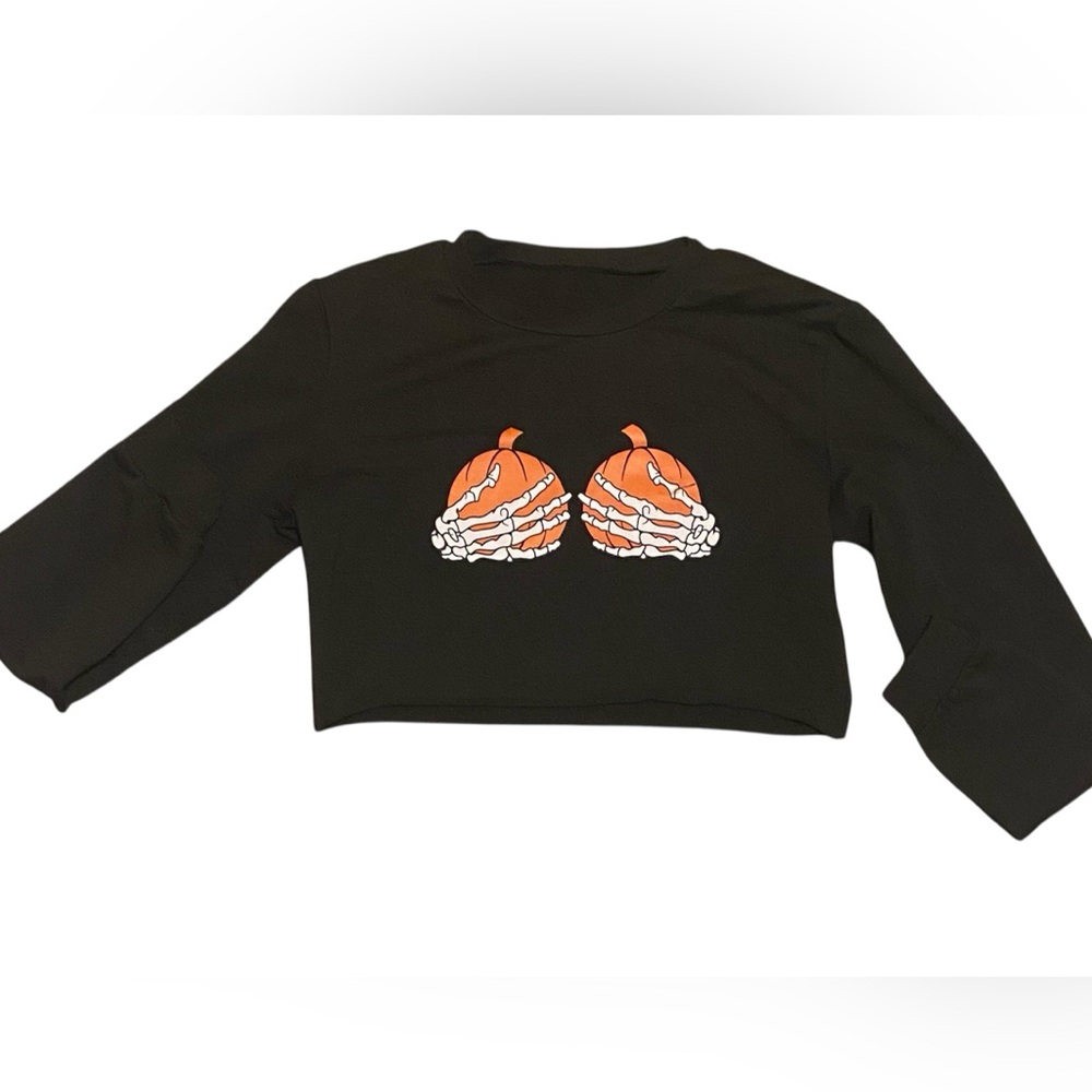 Women's Black Cropped Sweatshirt with Pumpkin Graphic